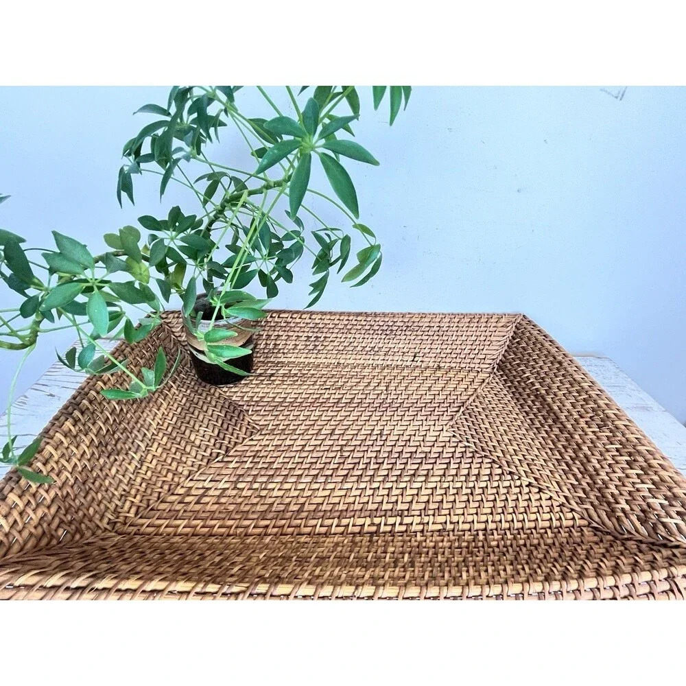 Vintage Large Serving Tray Woven Rattan Rectangle Basket Centerpiece 22”x14”